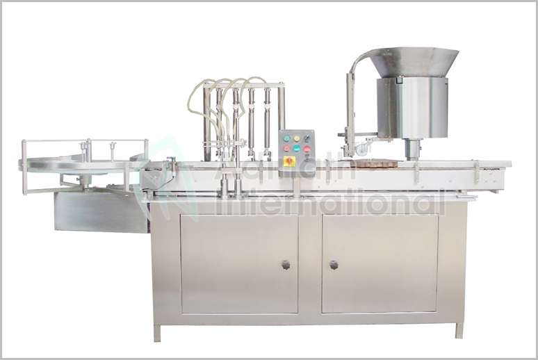 Industrial stainless steel filling and sealing machine with hopper on the right and control panel