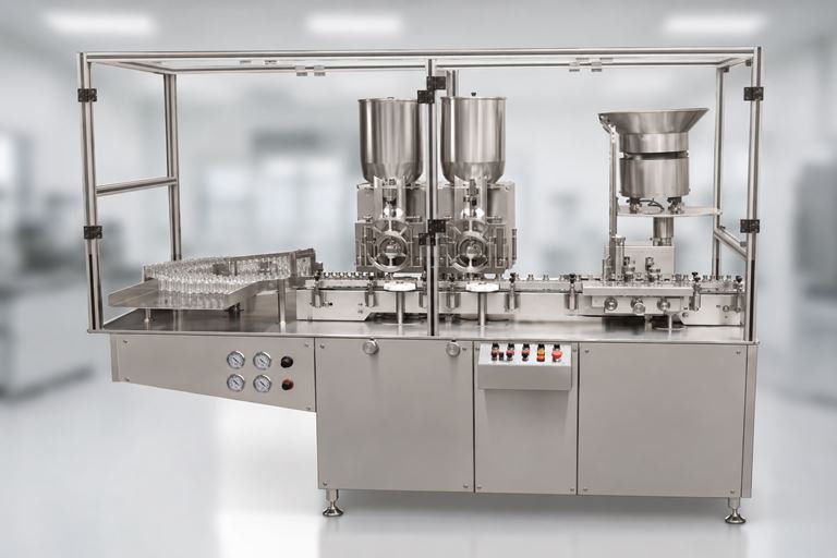 Automated stainless steel pharmaceutical filling machine with twin dosing vessels inside a safety frame.